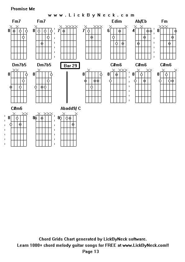 Chord Grids Chart of chord melody fingerstyle guitar song-Promise Me,generated by LickByNeck software.